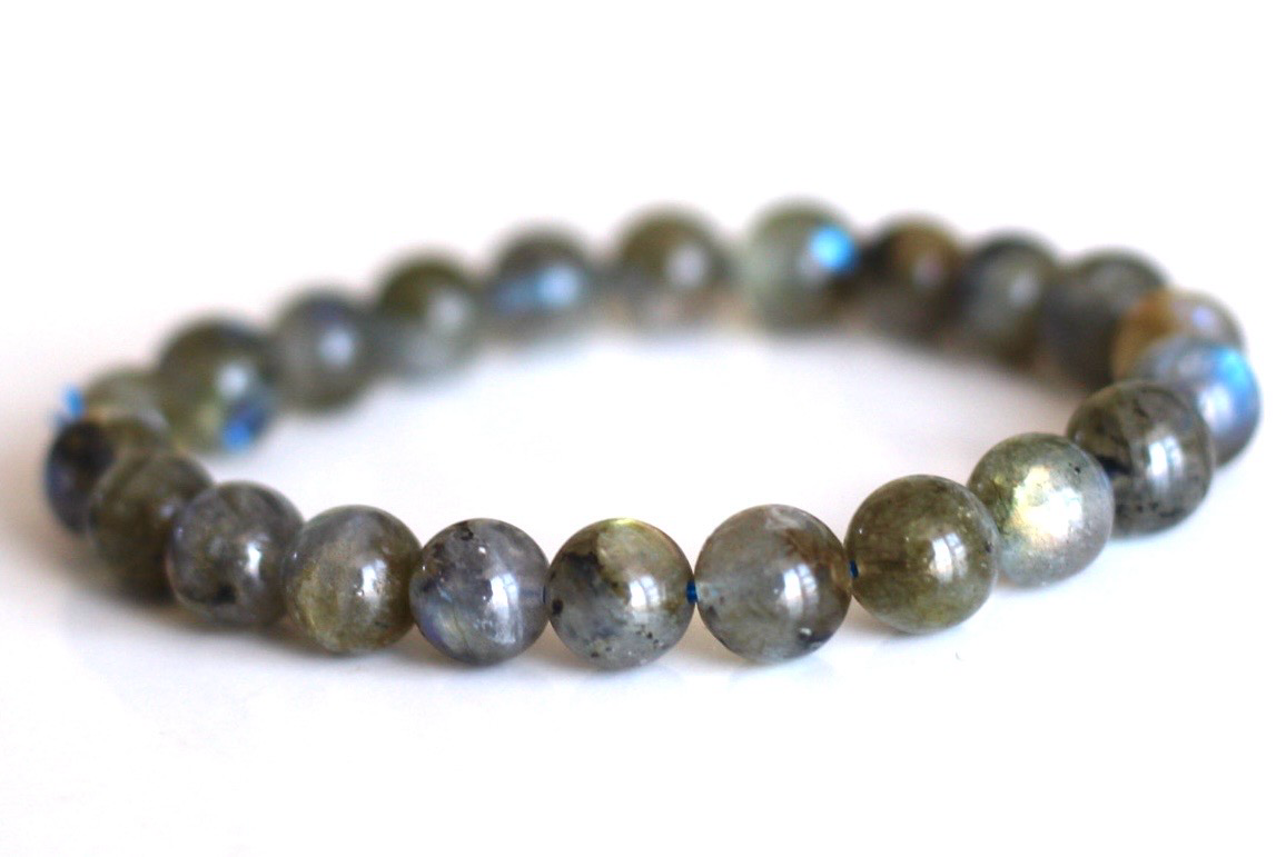 Close-up of labradorite bracelet showing blue green labradorescence