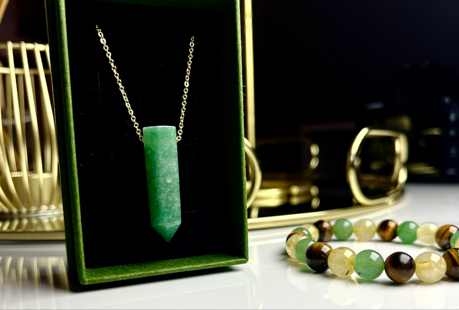 Green aventurine Necklace [Stainless Steel 9ct Gold Plated] & Makwande Bracelet Set