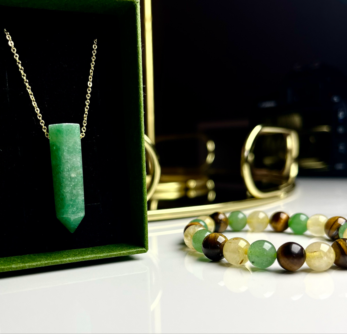 Green aventurine Necklace [Stainless Steel 9ct Gold Plated] 50cm + Makwande Bracelet + Pyrite Incense Set