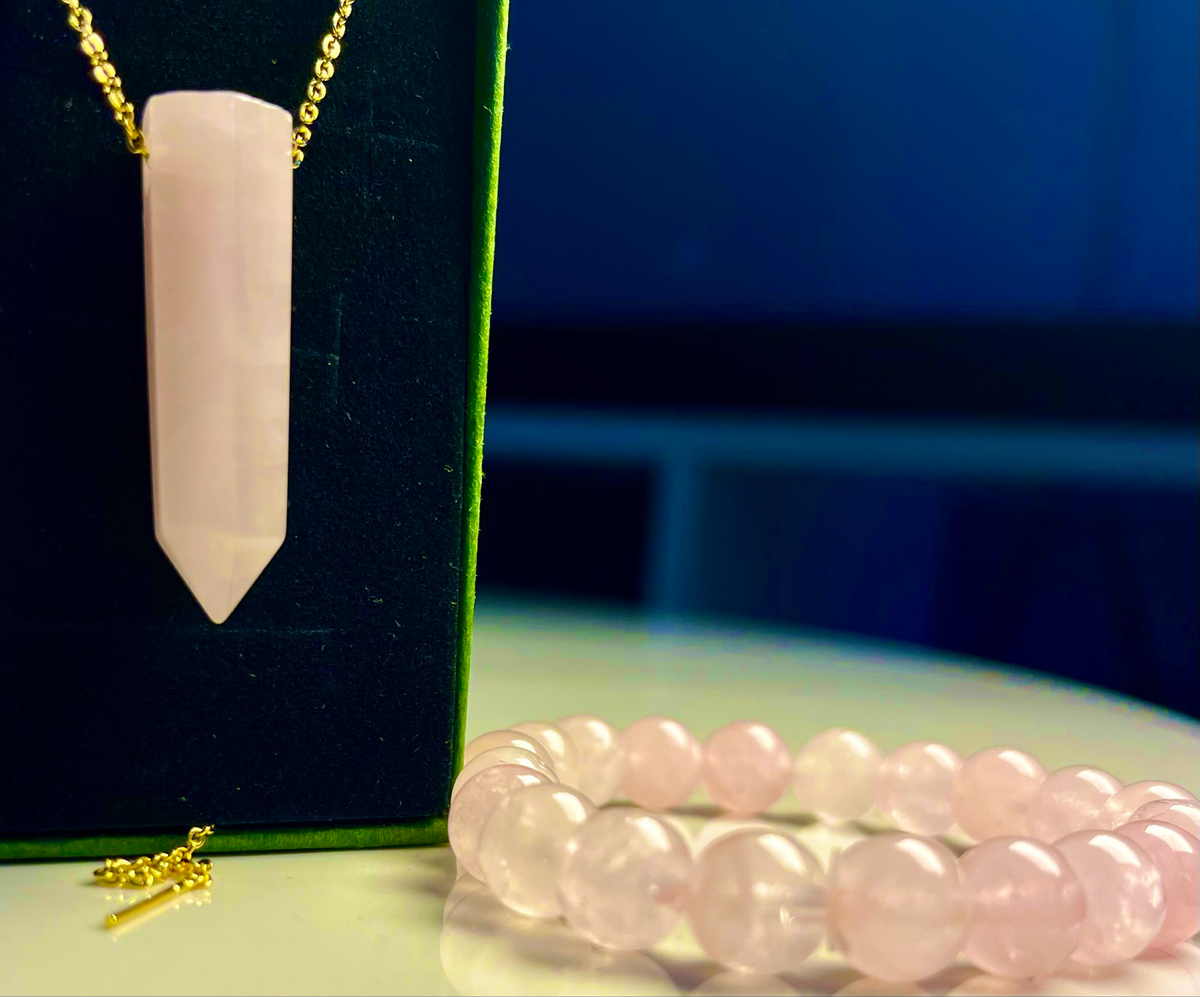 Rose Quartz Necklace, Bracelet [Stainless Steel 9ct Gold Plated]
