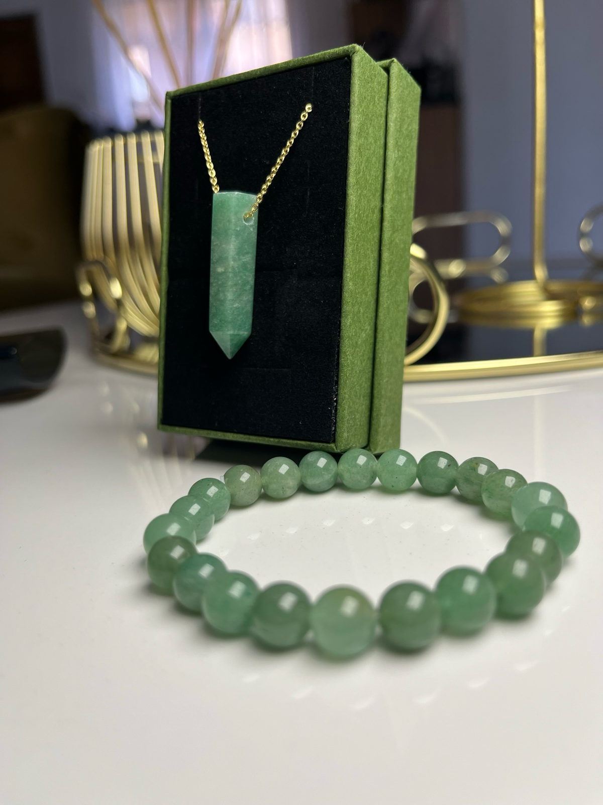 Green Aventurine Necklace & Bracelet Set [Stainless Steel 9ct Gold Plated]
