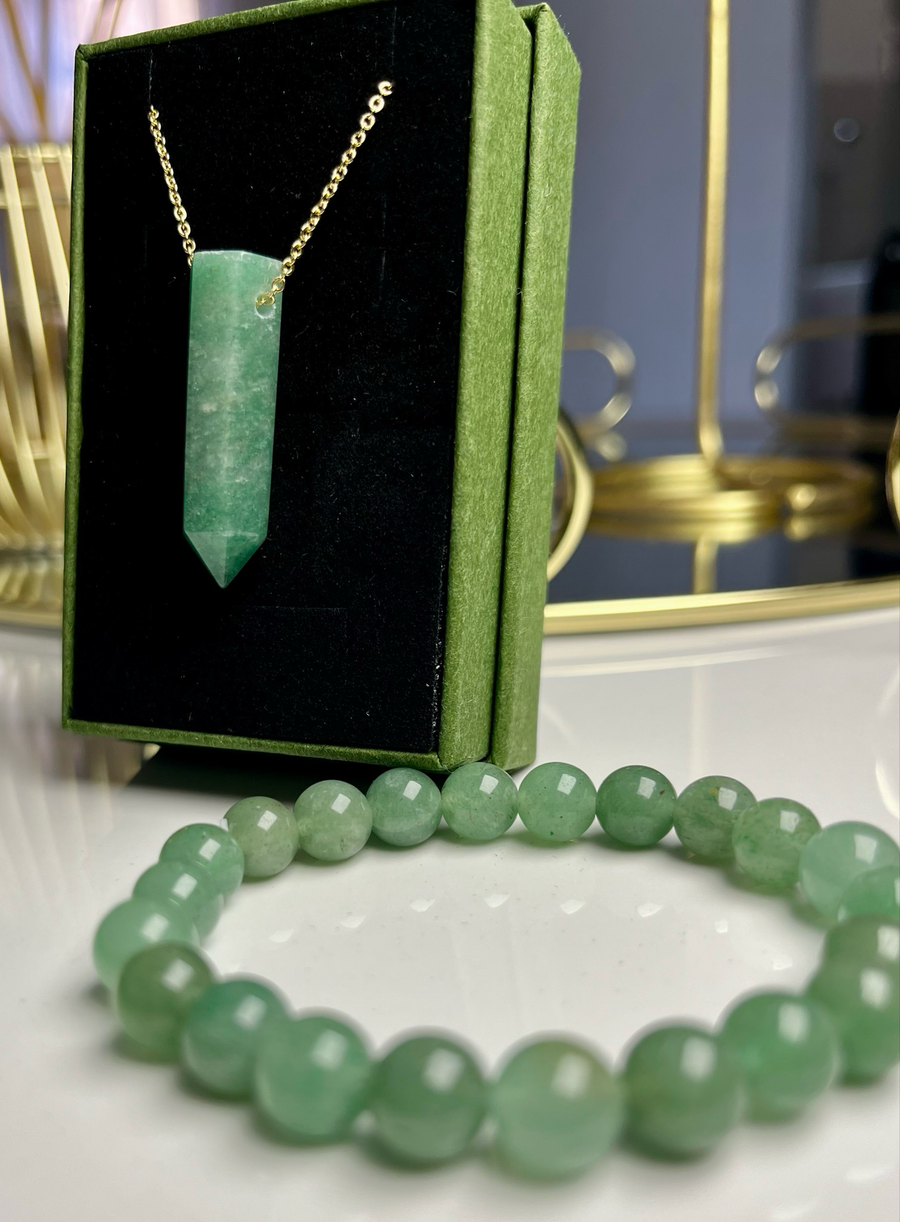 Green Aventurine Necklace & Bracelet Set [Stainless Steel 9ct Gold Plated]