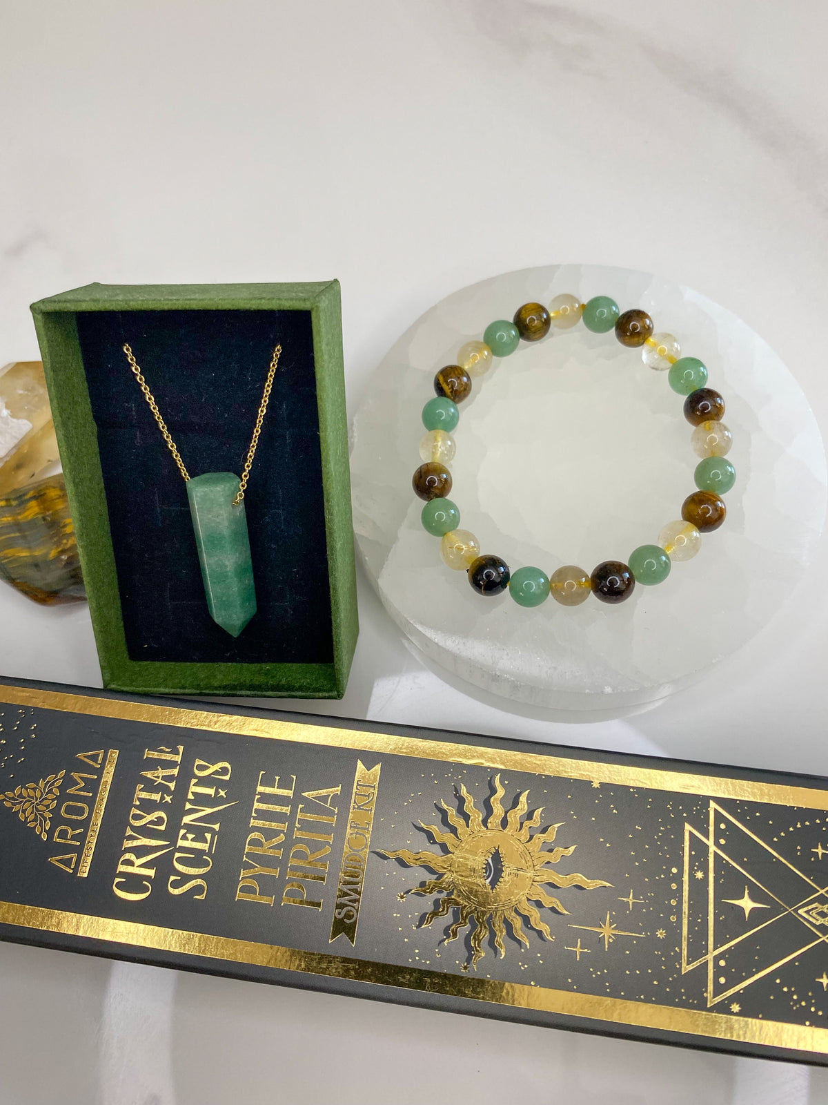 Green aventurine Necklace [Stainless Steel 9ct Gold Plated] 50cm + Makwande Bracelet + Pyrite Incense Set