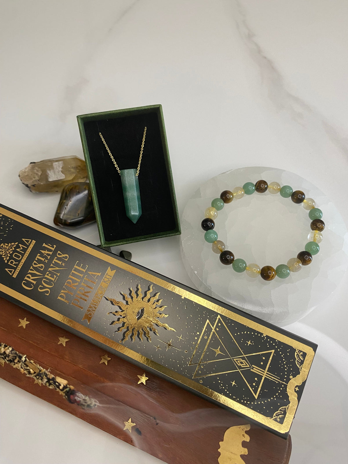 Green aventurine Necklace [Stainless Steel 9ct Gold Plated] 50cm + Makwande Bracelet + Pyrite Incense Set